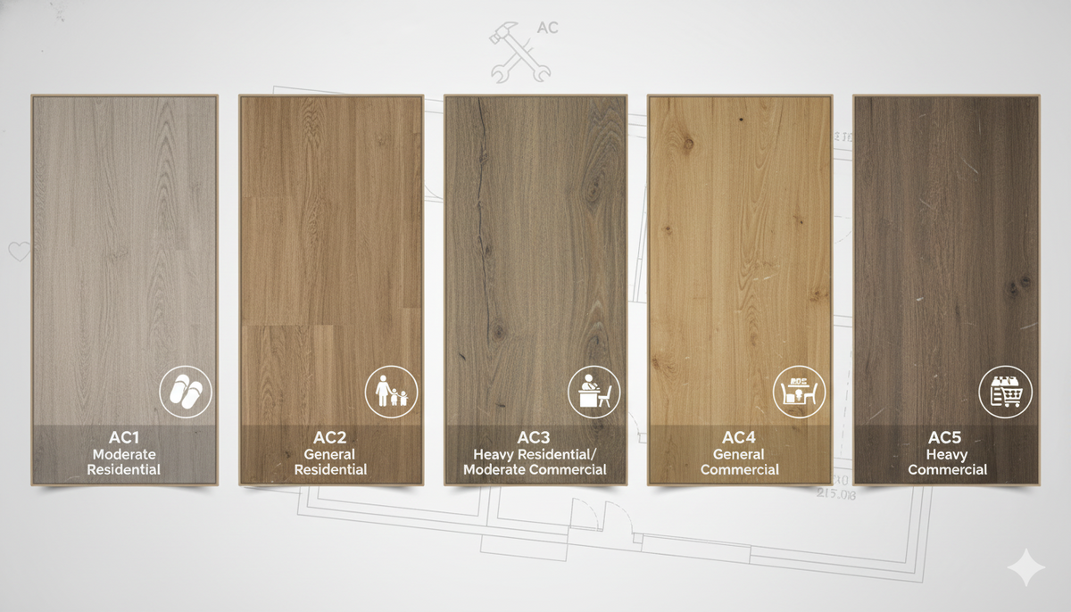A visual guide displaying five different laminate flooring planks, each labeled with an AC rating from AC1 to AC5. Each rating includes a brief description of its suitable use (e.g., 