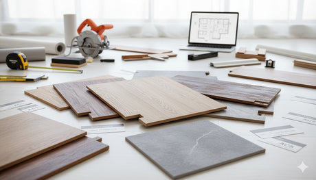 A bright room displays various laminate flooring samples in different wood tones and stone finishes, laid out with AC rating cards. In the background, tools for flooring installation like a circular saw, tape measure, and a laptop showing a floor plan are