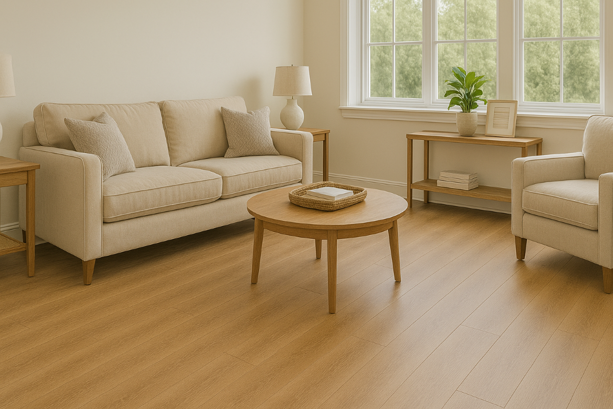 Inviting family room with warm SPC wood-look flooring, beige sofa, and bay windows highlighting durable stone plastic composite planks.