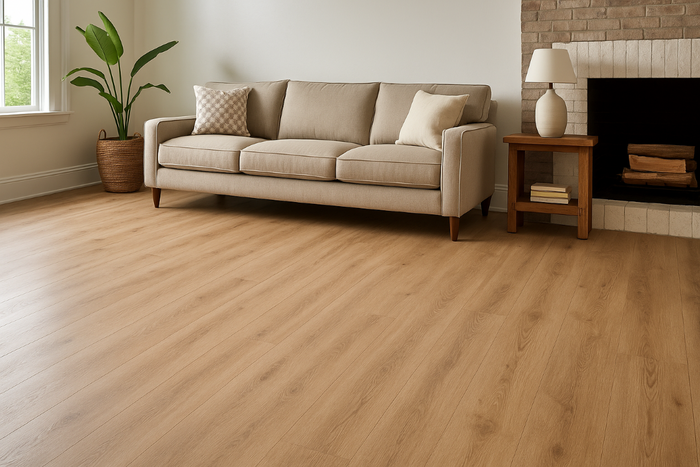 Bright living room with light oak SPC flooring, beige sofa, and fireplace, showcasing durable and stylish stone plastic composite planks.