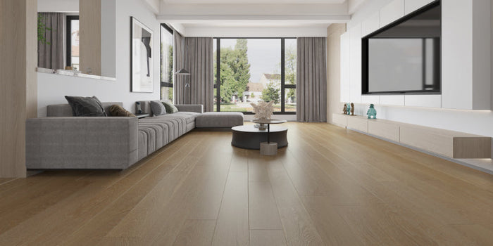 living room featuring BuildDirect's Biscuit  floor from the Westport collection