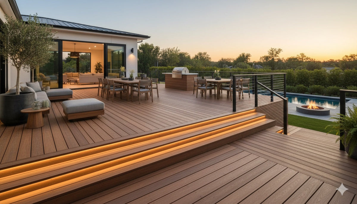 A luxurious outdoor deck made of warm-toned composite wood, featuring multiple seating areas with modern furniture, a built-in outdoor kitchen with a grill, and a dining table. The deck includes illuminated steps leading down to a swimming pool and a fire