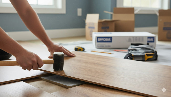 Person installing luxury vinyl plank flooring in a home, showcasing new LVP installation with a rubber mallet and tools.