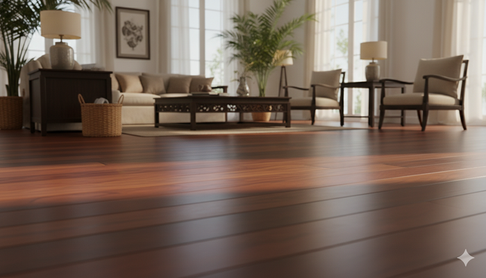 Luxurious Merbau hardwood flooring with rich reddish-brown tones and fine grain in a warmly lit tropical-inspired interior.
