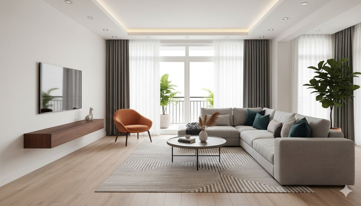 A bright, modern living room with light hardwood flooring and a geometric patterned area rug. The room features a large, light grey sectional sofa with teal and grey cushions, a round coffee table, a floating wooden media console with a mounted television