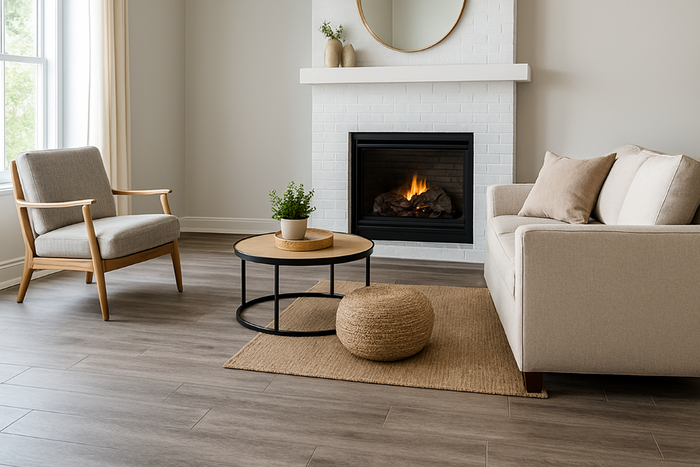 Modern living room with gray SPC flooring, beige sofa, and fireplace showcasing stylish waterproof stone plastic composite planks.