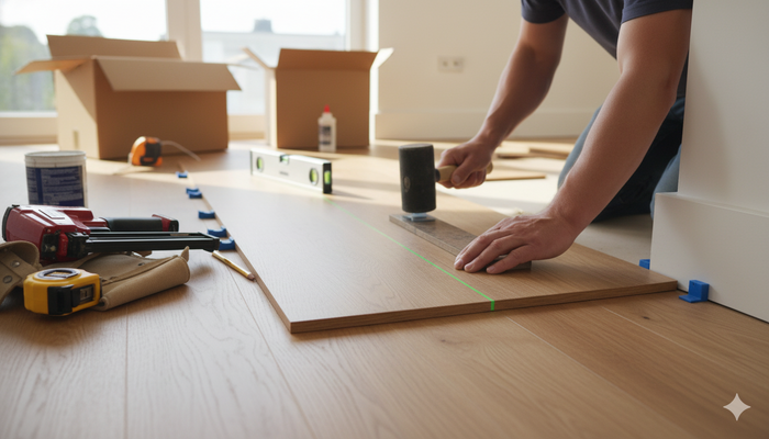 A skilled contractor installing natural wood flooring in a bright, modern home. The image features precision tools like a level, hammer, and spacers, highlighting the craftsmanship and detailed process of professional wood floor installation.