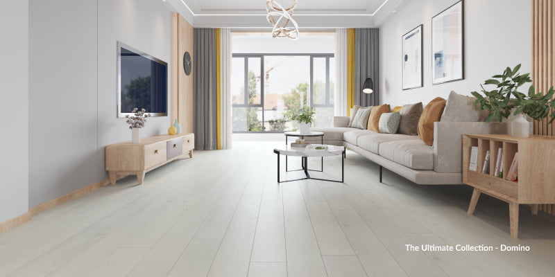 living room with our Domino white flooring from the ultimate collection 
