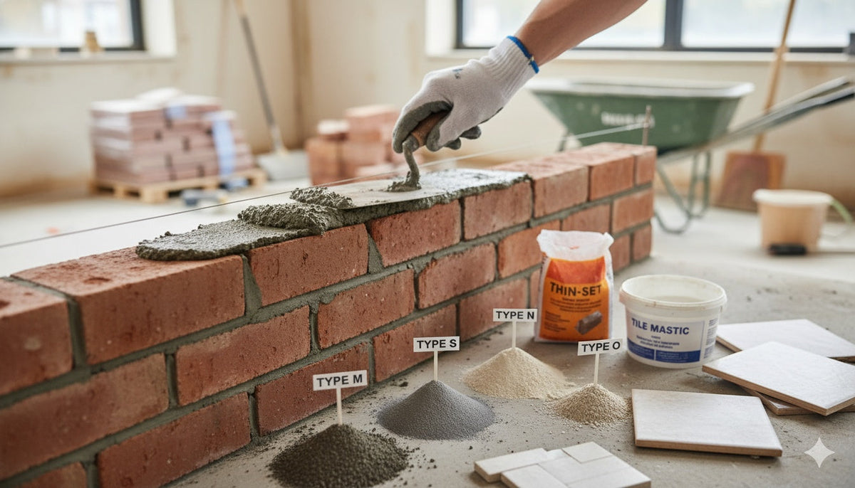 A gloved hand uses a trowel to apply mortar to a brick wall under construction, with various piles of different mortar types (M, S, N, O), a bag of thin-set, and a tub of tile mastic laid out on the floor, along with a few tiles.
