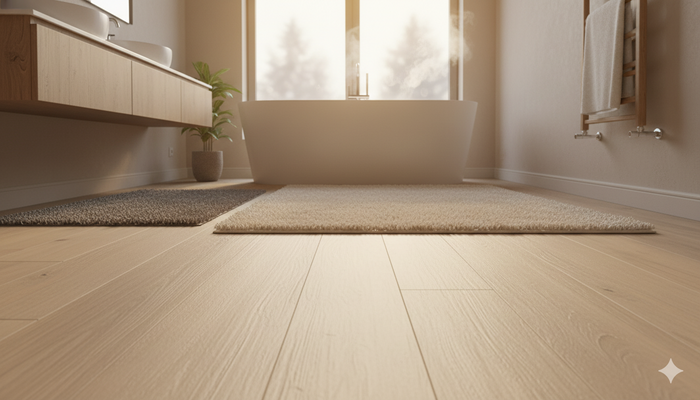 A luxurious, warm bathroom featuring light-toned engineered wood flooring, plush area rugs, and a freestanding bathtub with gentle steam rising, suggesting underfoot comfort and a cozy winter atmosphere.