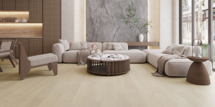 A contemporary living room with the laminate floors