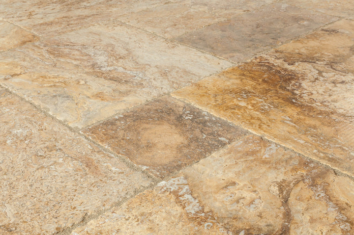 Antique Pattern Travertine Flooring Tiles — Scabos Standard / Brushed, Chiseled, and Partially Filled