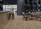 Modern office area with a wood-look porcelain tile floor from Spain