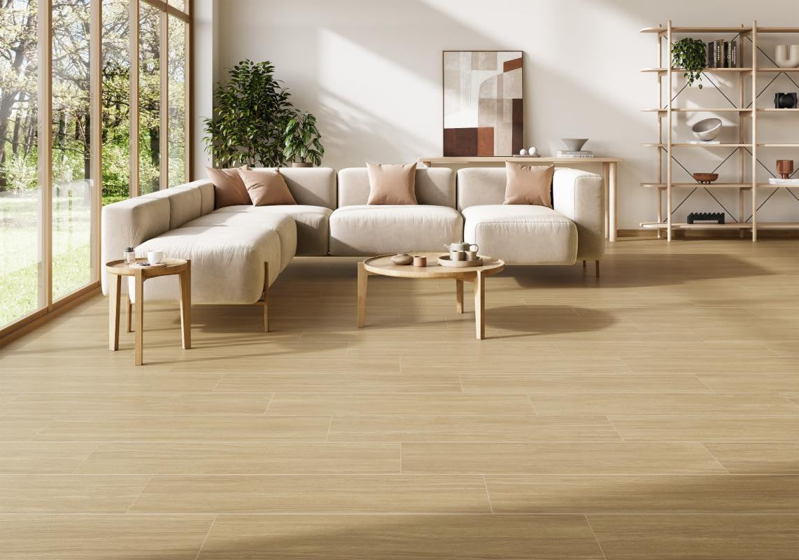 Updated living space with Spanish porcelain wood look tile floor