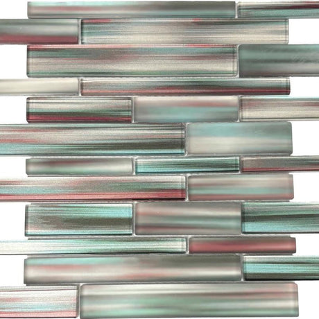 Teal Frost and Clear Glass Strips Mosaic Tile 12x12 Sheet
