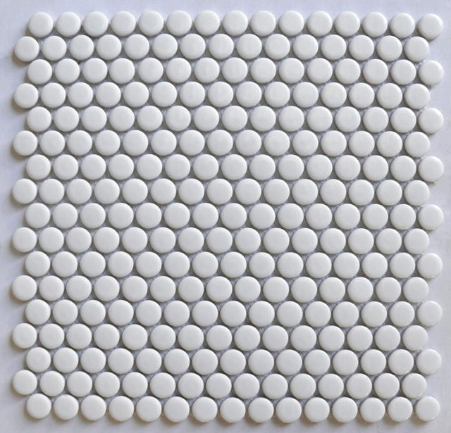 White Penny Round Glossy Porcelain Mosaic Tile 12x12 Sheet
