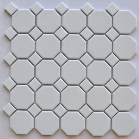 White 2" Octagon with White Dot Porcelain Mosaic Tile 12x12 Sheet