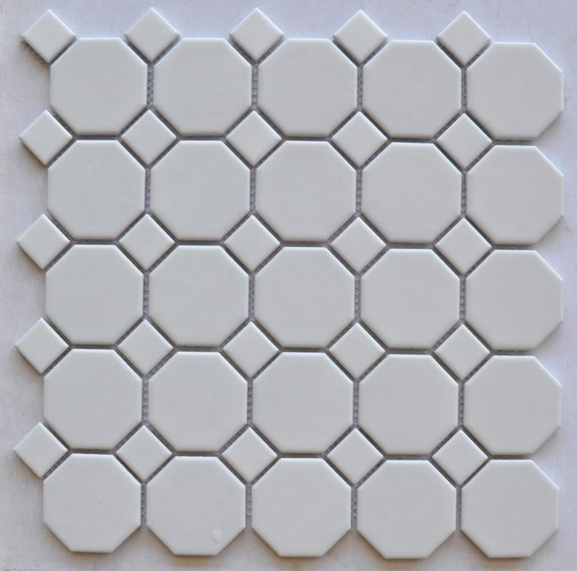 White 2" Octagon with White Dot Porcelain Mosaic Tile 12x12 Sheet