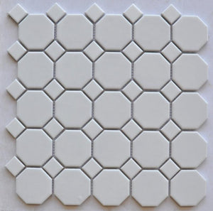 White 2" Octagon with White Dot Porcelain Mosaic Tile 12x12 Sheet