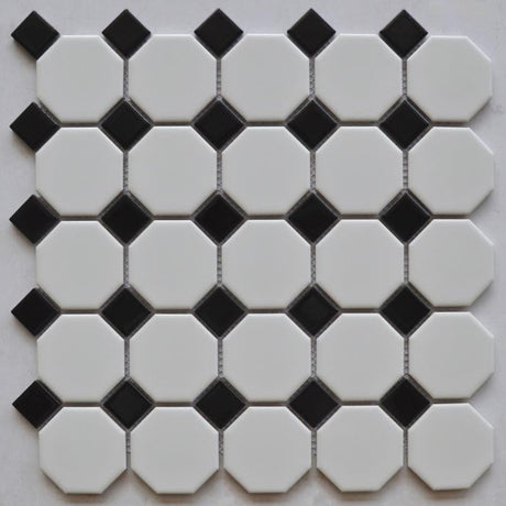 White 2" Octagon with Black Dot Porcelain Mosaic Tile 12x12 Sheet