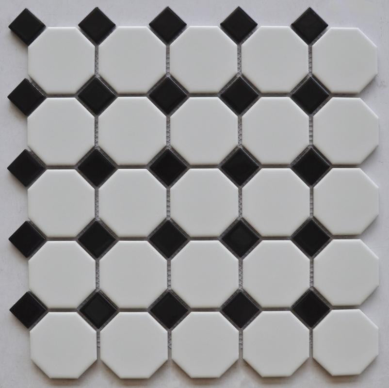 White 2" Octagon with Black Dot Porcelain Mosaic Tile 12x12 Sheet