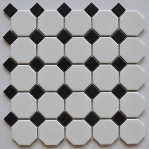 White 2" Octagon with Black Dot Porcelain Mosaic Tile 12x12 Sheet