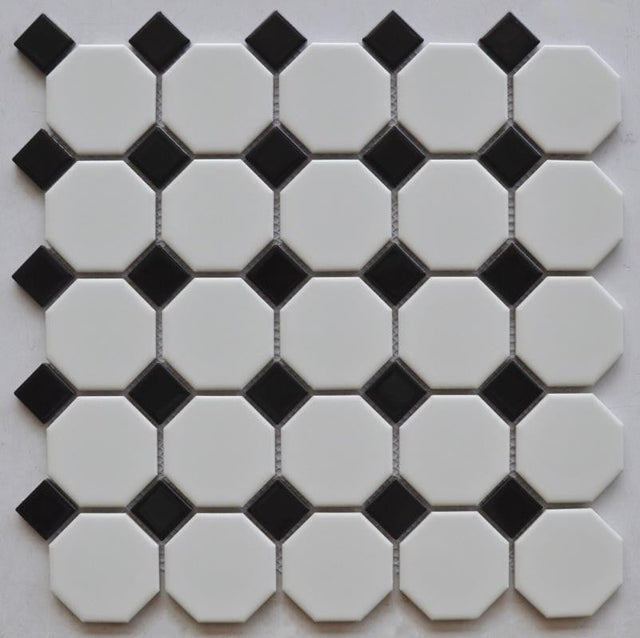White 2" Octagon with Black Dot Porcelain Mosaic Tile 12x12 Sheet