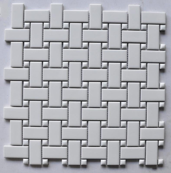 White Glossy Basketweave Porcelain Mosaic Tile 12x12 Sheet 1