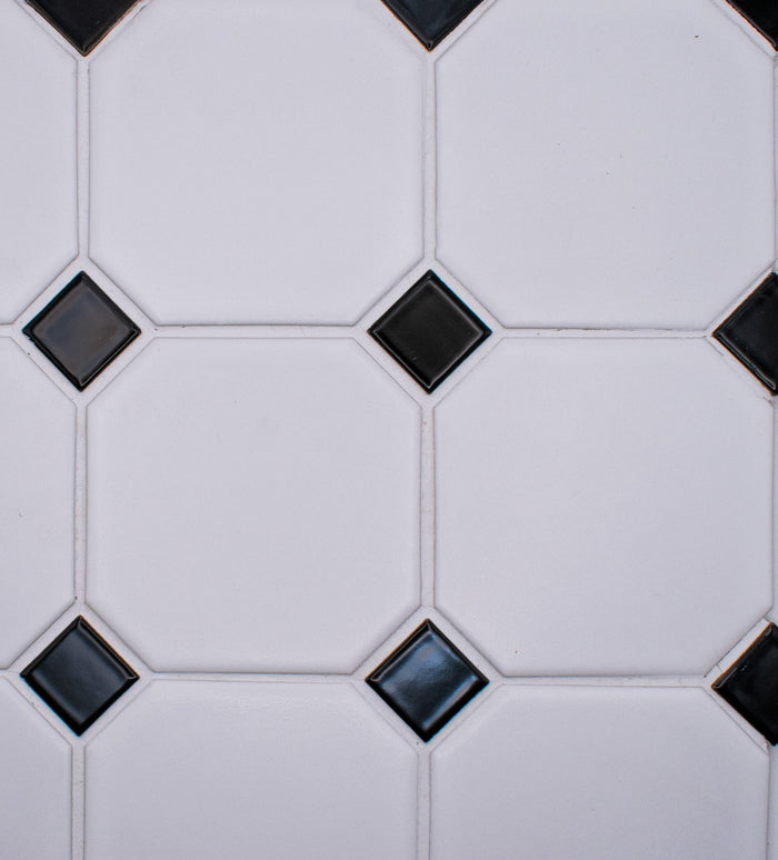 White 4" Octagon with Black Dot Porcelain Mosaic Tile 12x12 Sheet 2