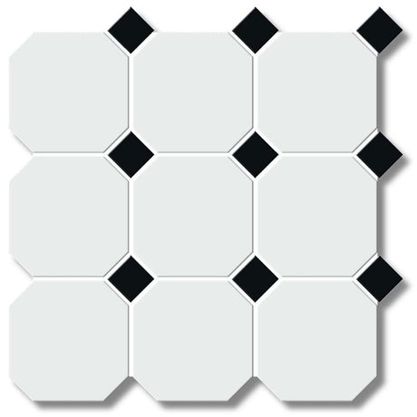 White 4" Octagon with Black Dot Porcelain Mosaic Tile 12x12 Sheet