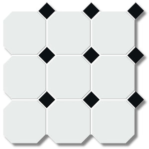 White 4" Octagon with Black Dot Porcelain Mosaic Tile 12x12 Sheet