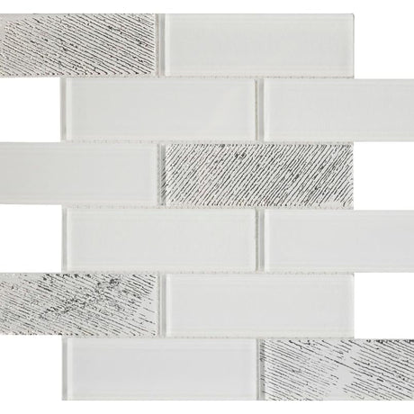 White Metallic 2x6 Glass Mosaic Tile 12x12 Sheet