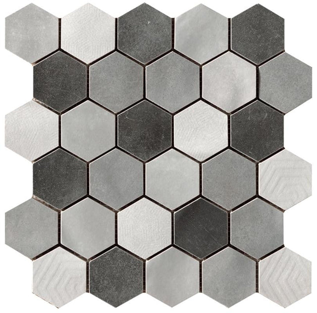 Materia Prima Mix Grey 2" Hex Porcelain Mosaic Tile 10x10 Sheet