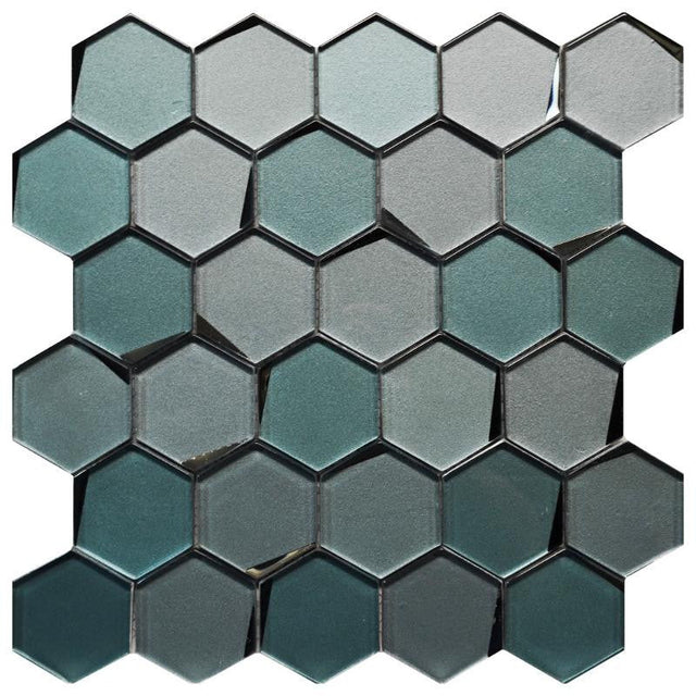 Teal Blend 3" Hex Beveled Glass Mosaic Tile 12x12 Sheet