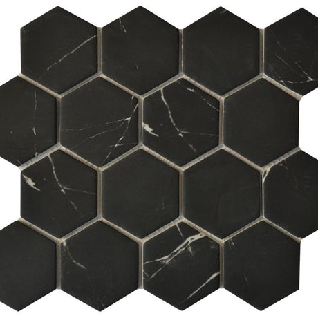 Nero Marquina 3" Hex Glass Mosaic Tile 12x12 Sheet