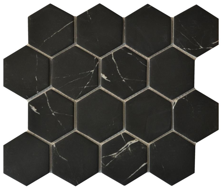 Nero Marquina 3" Hex Glass Mosaic Tile 12x12 Sheet