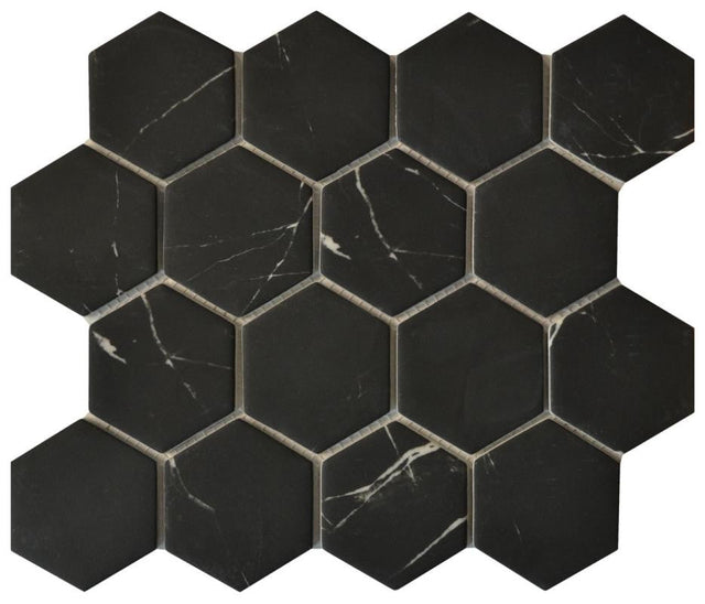 Nero Marquina 3" Hex Glass Mosaic Tile 12x12 Sheet