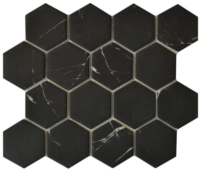 Nero Marquina 3" Hex Glass Mosaic Tile 12x12 Sheet 1