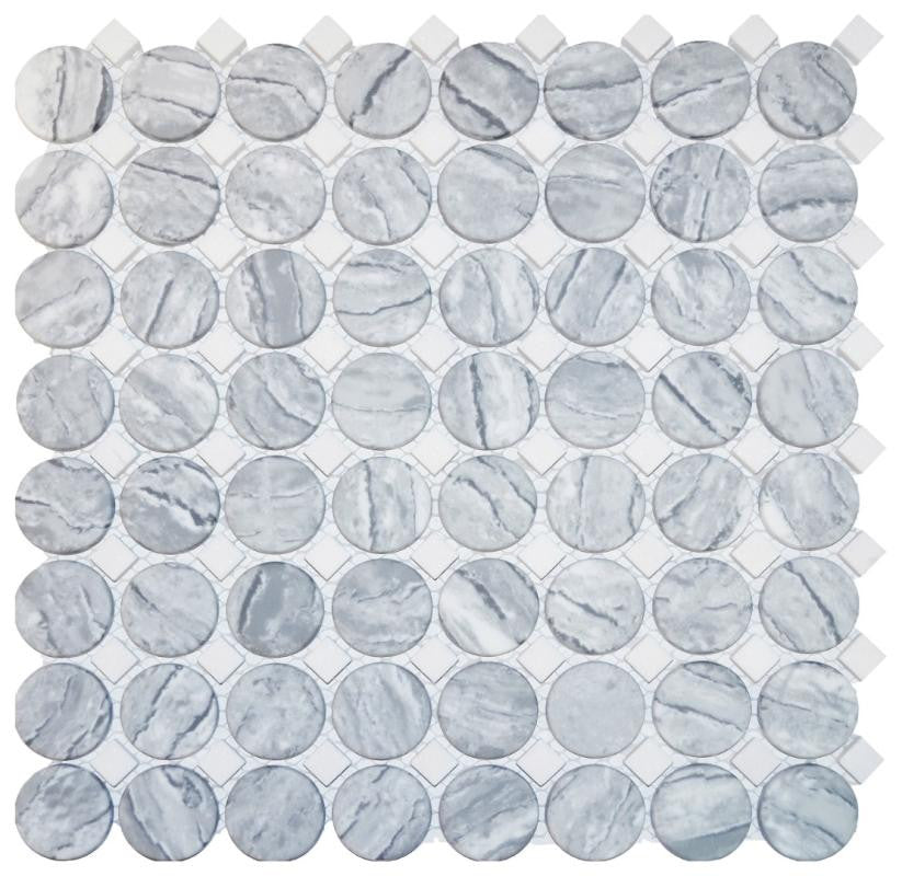 Silver Marble Penny with Dot Glass Mosaic Tile 12x12 Sheet