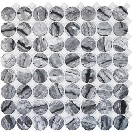 Charcoal Marble Penny Round Glass Mosaic Tile 12x12