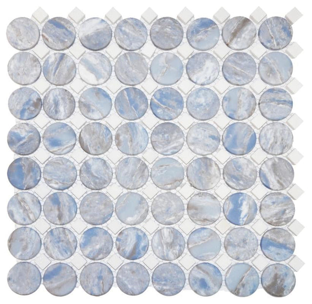Blue Marble Penny with Dot Glass Mosaic Tile 12x12 Sheet