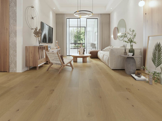 Grand Width 9.5in White Oak Engineered Hardwood Flooring in Sterling — installed
