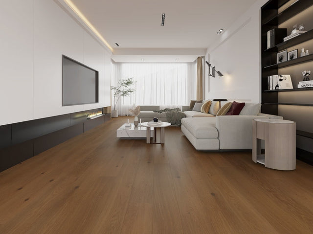 Southport 7.5in White Oak Engineered Hardwood Flooring in Rich Roast — installed