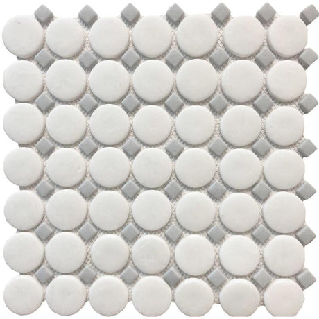 Penny Round White with Grey Dot Mosaic Tile 12x12