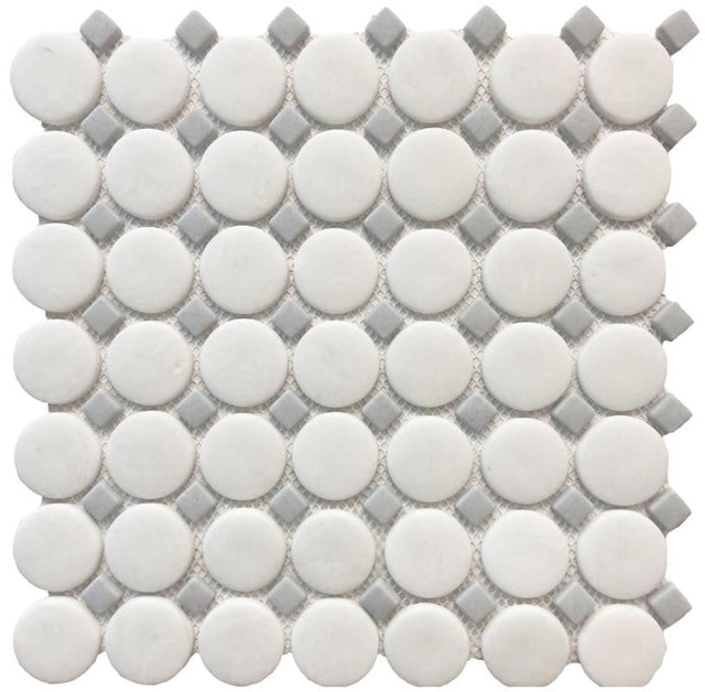 Penny Round White with Grey Dot Mosaic Tile 12x12