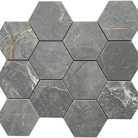 Charme Black 4" Hexagon Porcelain Mosaic Tile 12x13