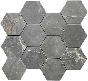 Charme Black 4" Hexagon Porcelain Mosaic Tile 12x13