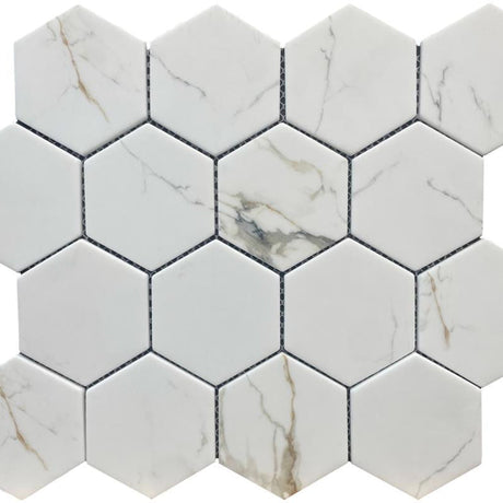 Calacatta Gold 3" Hex Glass Mosaic Tile 12x10 Sheet
