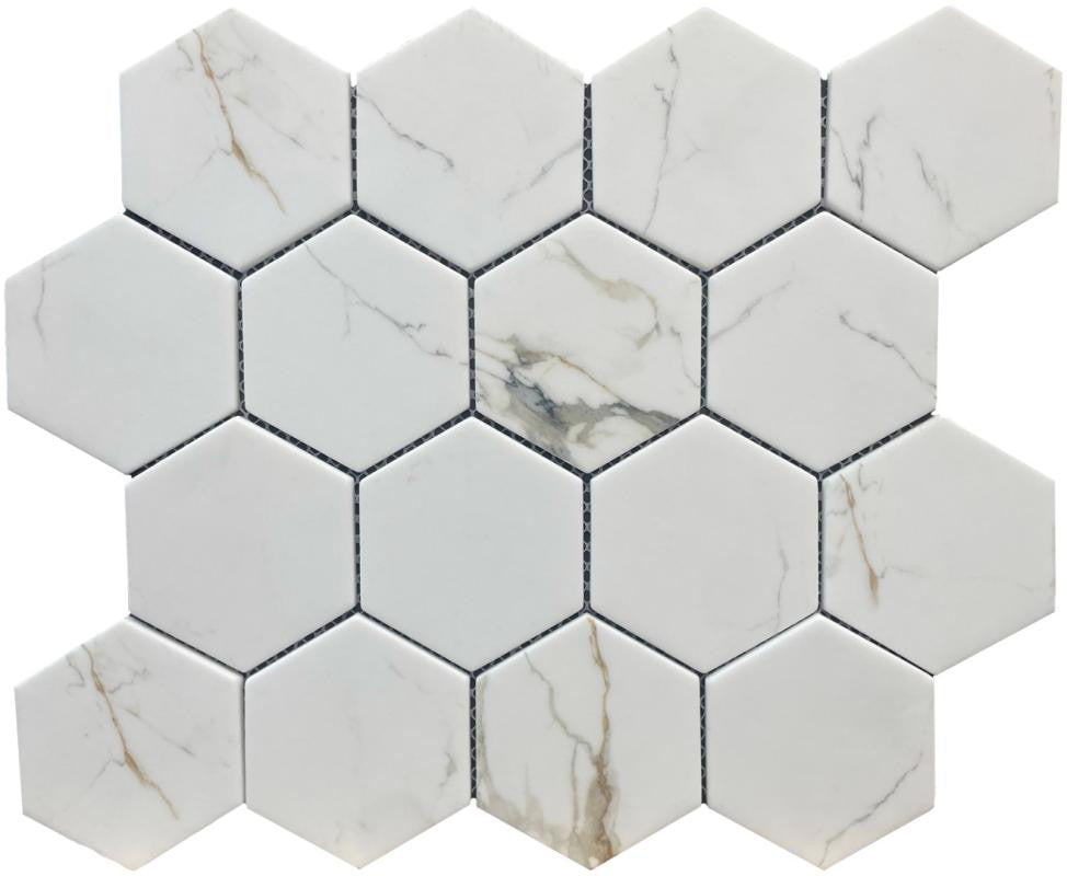 Calacatta Gold 3" Hex Glass Mosaic Tile 12x10 Sheet