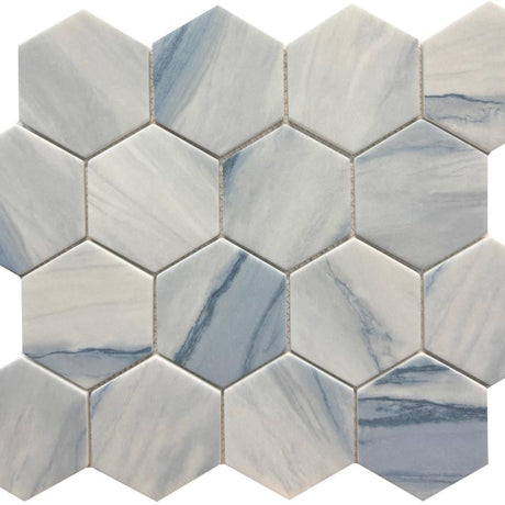 Blue Wave 3" Hex Glass Mosaic Tile 12x10 Sheet